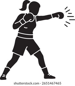 Silhueta monocromática isolada mostra uma mulher forte, esportiva com um rabo de cavalo e luvas de boxe executando um soco para a frente, enfatizada por linhas de impacto, em fundo transparente.