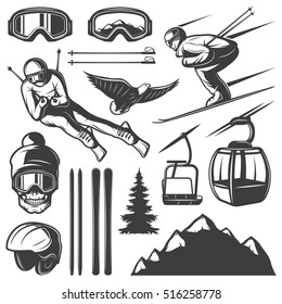 Isolated monochrome skiing elements set in vintage style with gear and skier figures on blank background vector illustration