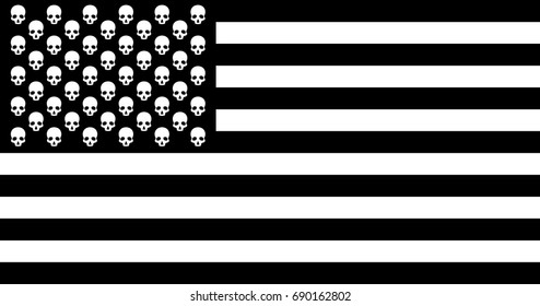 Isolated monochrome vector illustration. USA American flag in black and white with sculls instead of stars. Concept image. Halloween theme.