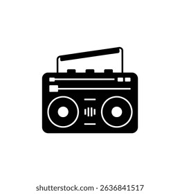 An isolated, monochrome, vector-graphic silhouette showcases a vintage boombox. Features rounded speakers, playback buttons, and a convenient carrying handle, offering retro aesthetic appeal.