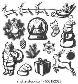 Isolated monochrome vintage christmas elements set with symbolic objects of new year decoration on blank background vector illustration