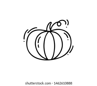 Isolated monoline contour pumpkin on white background. Hand drawn vector doodle. Autumn sketch drawing illustration