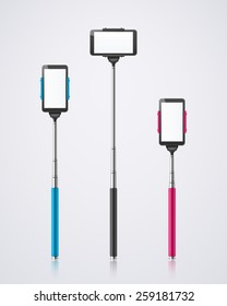 Isolated monopods with phones for selfie, eps 10