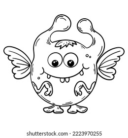 Isolated monster in white with a black outline. Illustration for colouring in. Circular microbe.
