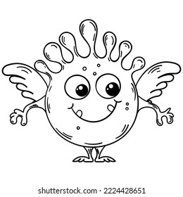 Isolated monster in white with a black outline. Illustration for colouring in. Circular microbe. Vector gremlin.