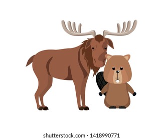 Isolated moose and beaver forest animal design