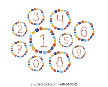 Isolated mosaic numbers in frame from 0 to 9. Ceramic tile texture. Easy to recolor. 