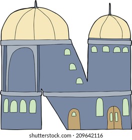 Isolated mosque in the shape of the letter "N"