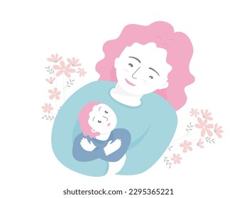 Isolated of mother and child talking and embracing with flowers background, parent and child concept. Flat vector illustration.