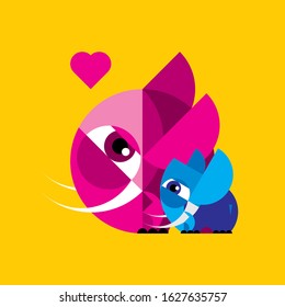 Isolated mother and son elephants with heart on yellow background