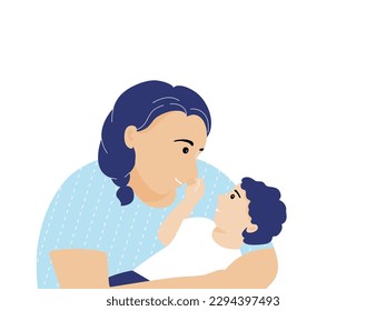 Isolated of mother and son talking and embracing, parent and child concept. Flat vector illustration.