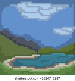 Isolated mountain lake landscape pixel art computer illustration