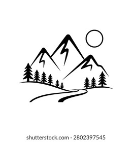 Isolated mountain scene featuring pine trees winding path and crescent moon