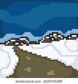 Ilustración de computadora de arte de píxeles de paisaje de nieve de montaña aislada