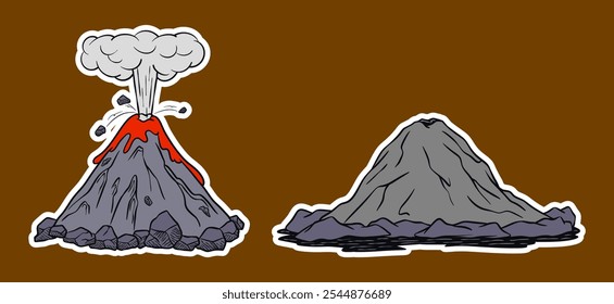 Isolated Mountain Vulcano Doodle Aufkleber Illustration