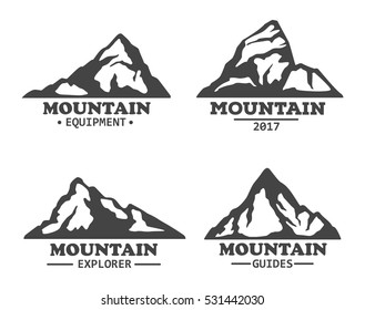 Isolated mountains logo or signs. Winter rocky hills with snowy peaks silhouette, alpine icon or logo. Travel agency or journey, mountain expedition or sport hiker club, camping theme