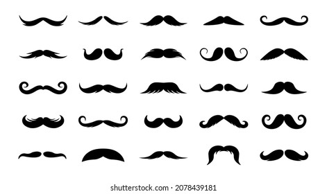 Isolated moustaches. Black cartoon silhouette of adult man mouth facial hair style, barbershop moustache shaving templates. Vector funny set