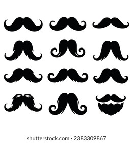 Isolated moustaches black cartoon silhouette of adult man mouth facial hair style barbershop moustache shaving templates vector funny set 