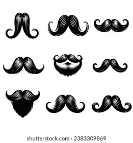 Isolated moustaches black cartoon silhouette of adult man mouth facial hair style barbershop moustache shaving templates vector funny set 