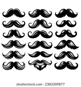 Mustaches aislados silueta de dibujos animados negros de hombre adulto boca estilo pelo facial barbershop bigote plantillas de afeitado vector conjunto divertido 