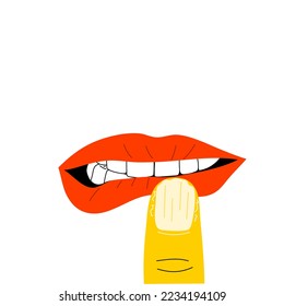 Isolated of mouth with lip and nail biting disorder, Body focused repetitive behaviors (BFRBs) symptom. Flat vector illustration.