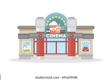 Isolated movie theater on white background. Building with cinema sign and pop corn decoration.