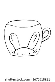 An isolated mug with a drawn bunny for Easter decoration on a white background. Vector illustration