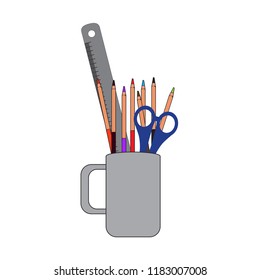 Isolated mug with pencils, a scissor and a ruler