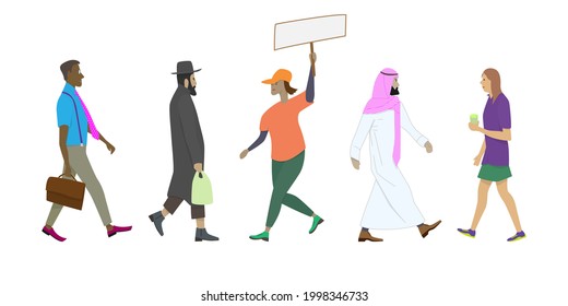 Isolated multicultural people walking side view. Сartoon people in different postures while walking. Set of vector images of passersby pedestrians.