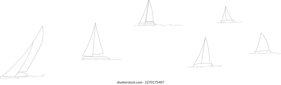 Isolated multiple sailboats with sails. Line drawing vector illustration