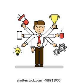 Isolated multitasking businessman on white background. Talented funny man with six hands. Loudspeaker, idea, coffee and more.