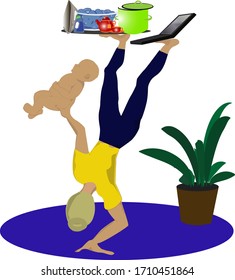 Isolated multitasking busy mother in headstand yoga pose. Vector illustration