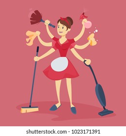 Isolated multitasking housewife with cleaning tools and stuff.