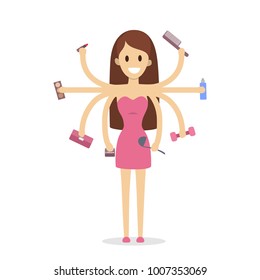 Isolated multitasking woman with six hands on white.