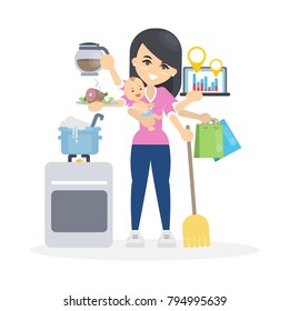 Isolated multitasking woman with six hands. 
