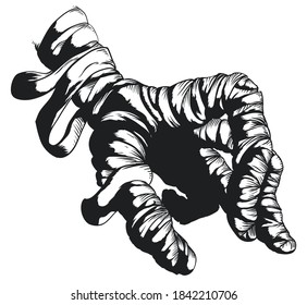 Isolated mummy hand covered with bandages in hand drawn style over white background.