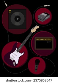 conjunto de instrumentos musicales aislados - guitarra, altavoz, sintonizador, micrófono, pedal, amplificador combinado
