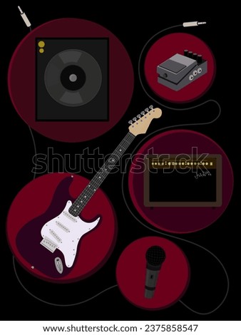 isolated musical instruments set - guitar, speaker, tuner, microphone, pedal, combo amplifier