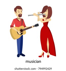 Isolated musicians couple with microphone and guitar on white.