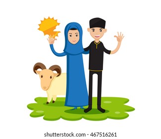 Isolated Muslim Couple Eid Al Adha Character - Happy Family Eid al-Adha Celebration
