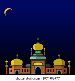 Isolated Muslim mosque flat design facade background. Flat Islamic colorful logo architectural objects. Abstract vector cartoon. Beautiful Muslim shrine icon illustration. Eastern cultural  landmark.