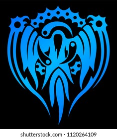 Isolated mystical blue emblem with flying spirit of the dead mage in the circle on black background