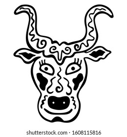 Isolated mystical hand drawn bull head with patterns. Black-white zodiac sign Taurus. Horned animal. Logo, tattoo, coloring book and print design. Vector.