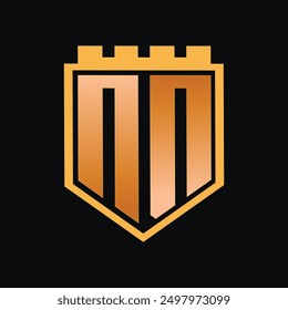 Isolated N or M logo monogram design template with shield and crown