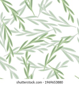 Isolated natural seamless pattern with leaf branches shapes in green colors. Simple botanic doodle backdrop. Designed for fabric design, textile print, wrapping, cover. Vector illustration.