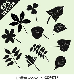 Isolated nature leaves vector set background. Black silhouettes of different foliage shapes. Trifoliate leaves