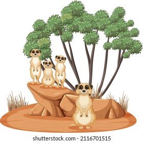 Isolated nature scene with meerkat family illustration