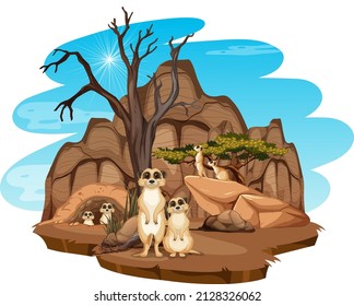 Isolated nature scene with meerkat family illustration