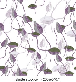 Naturaleza aislada sin fisuras con elementos aleatorios de brotes de amapola púrpura dibujados a mano. Las flores se imprimen. Estilo sencillo. Ilustración bursátil. Diseño vectorial para textiles, tela, giftwrap, papel pintado.
