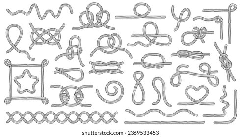 Nudos náuticos aislados, armazones de cuerdas marinas. Embarcadero y equipamiento para barcos. Pinceles decorativos de cuerda, clíparte vectorial decente de viaje náutico